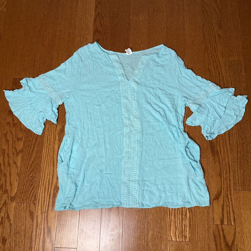 UMGEE Layered Tiered Ruffle Sleeve Round Neck Solid Blouse Size Medium Turquoise